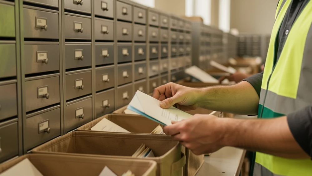 Mailroom worker sorting envelopes into categorized slots with natural window light