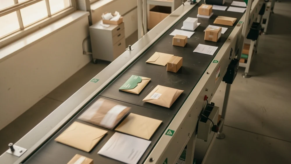 Overhead view of mail sorting conveyor in warm natural light with emerald safety accents