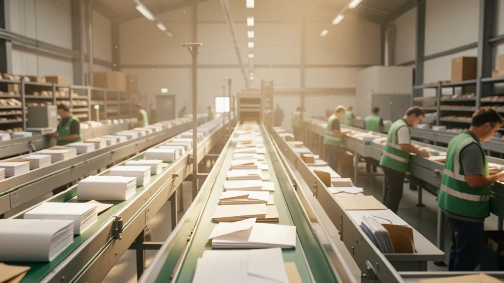 Overhead view of mail sorting facility with conveyor belts and emerald safety vests