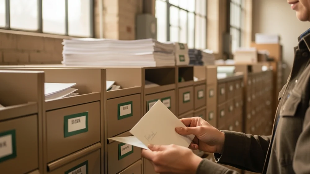 Mailroom worker sorting envelopes in a high-ceiling facility with natural light