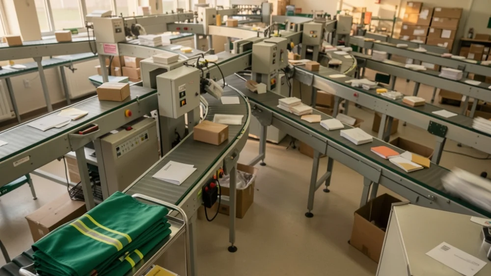 Overhead view of industrial mail sorting facility with conveyor belts and warm natural lighting