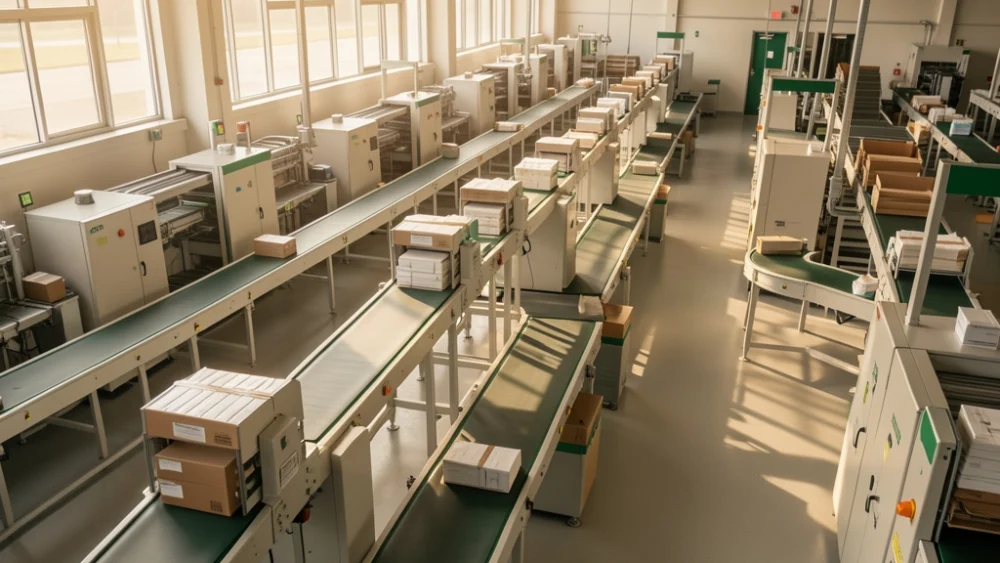 Overhead view of automated mail sorting facility with conveyor belts and machinery