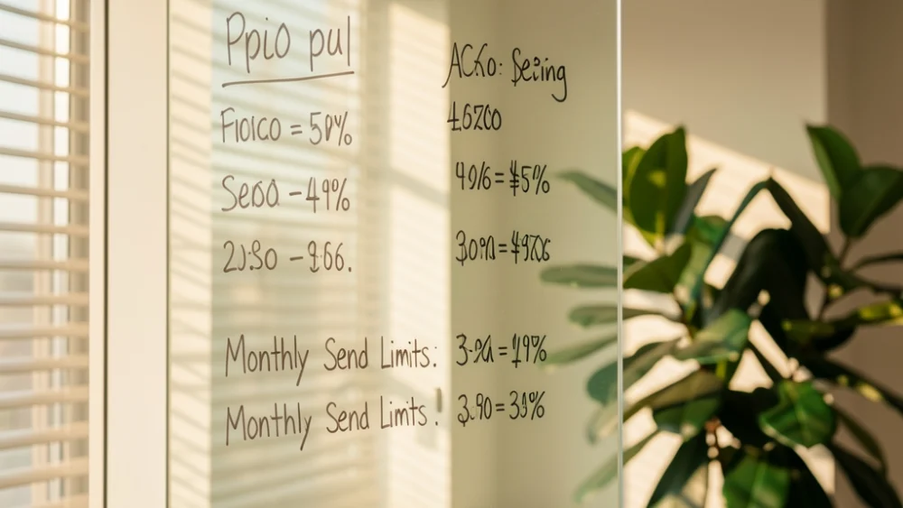 Glass whiteboard with pricing calculations in modern office