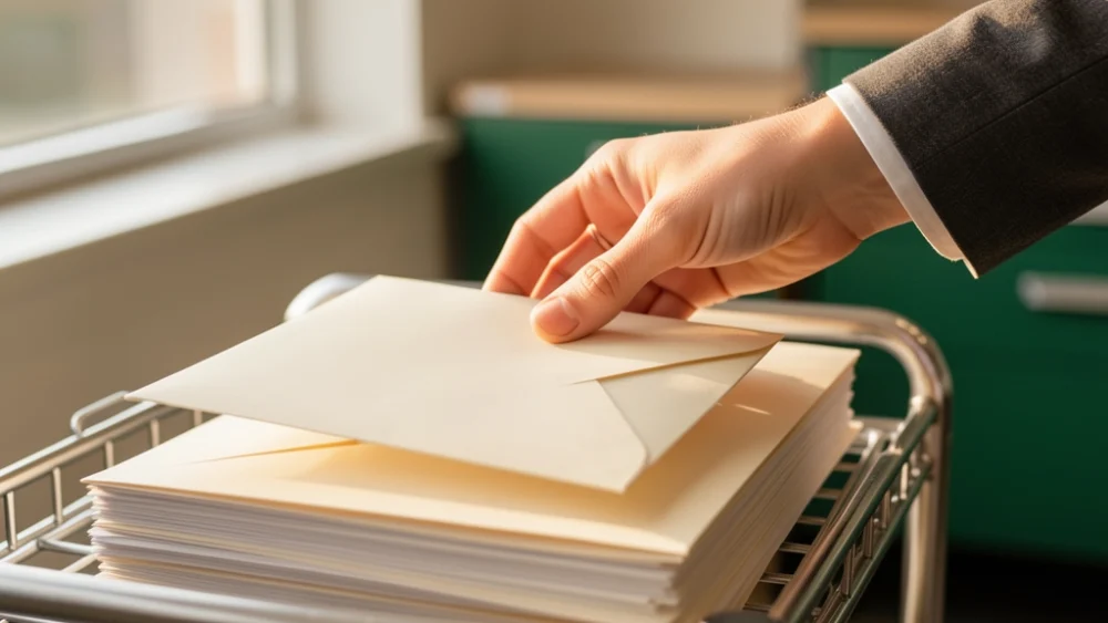 Hand sorting business mail in a modern mailroom with warm natural lighting