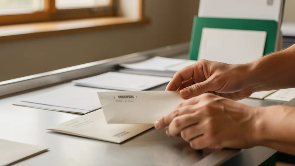 Hands sorting mail envelopes on a metal table with warm natural light