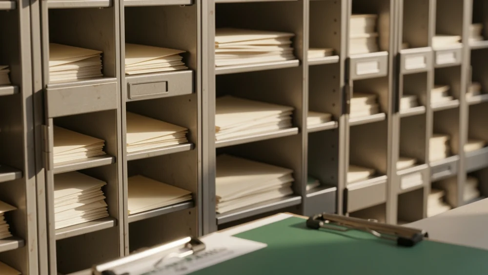 Mailroom sorting station with organized envelopes in warm natural light