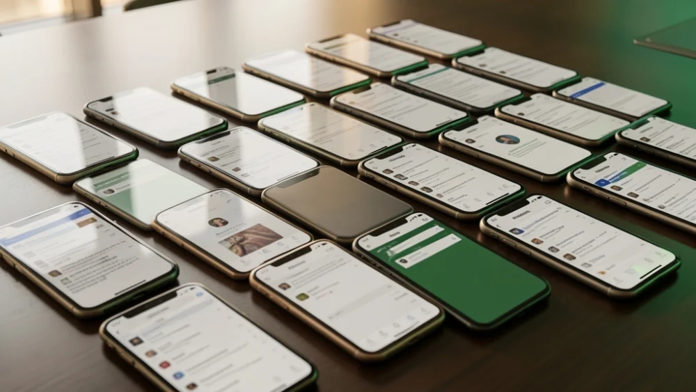Grid of smartphones displaying multiple email accounts for high-volume cold outreach management