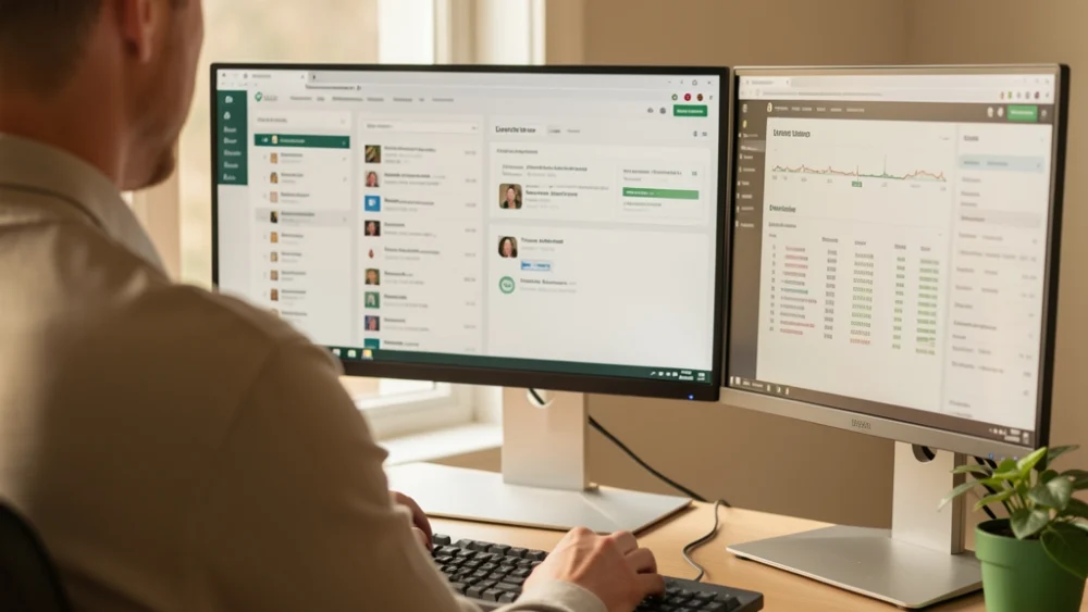 Professional managing multiple cold email accounts across monitors in natural light