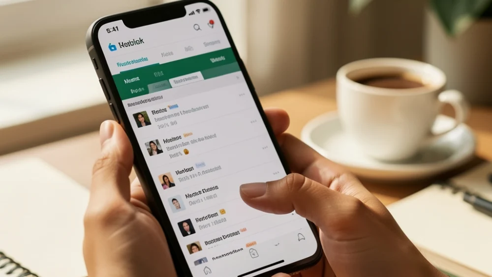 Hand holding smartphone showing email inbox with warm natural lighting