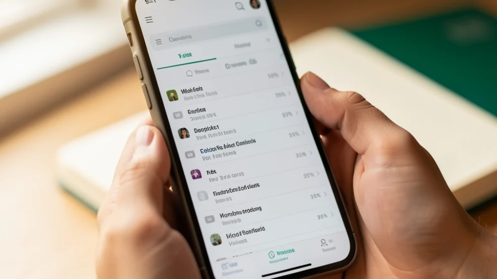 Hands holding smartphone showing email inbox with warm natural lighting