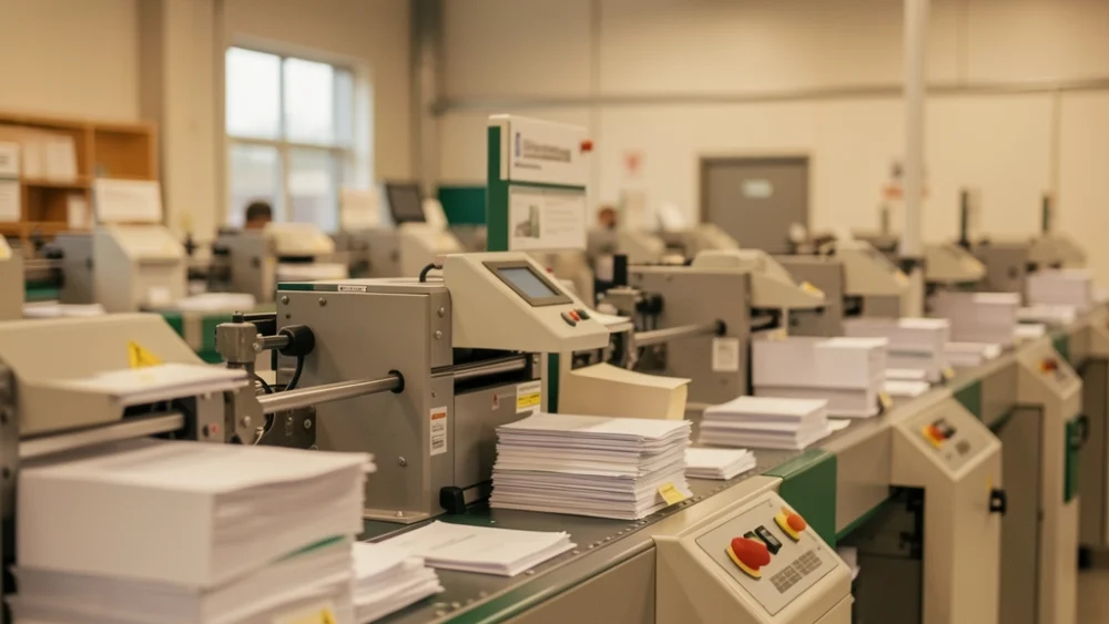 Mail sorting machinery processing envelopes in a postal facility