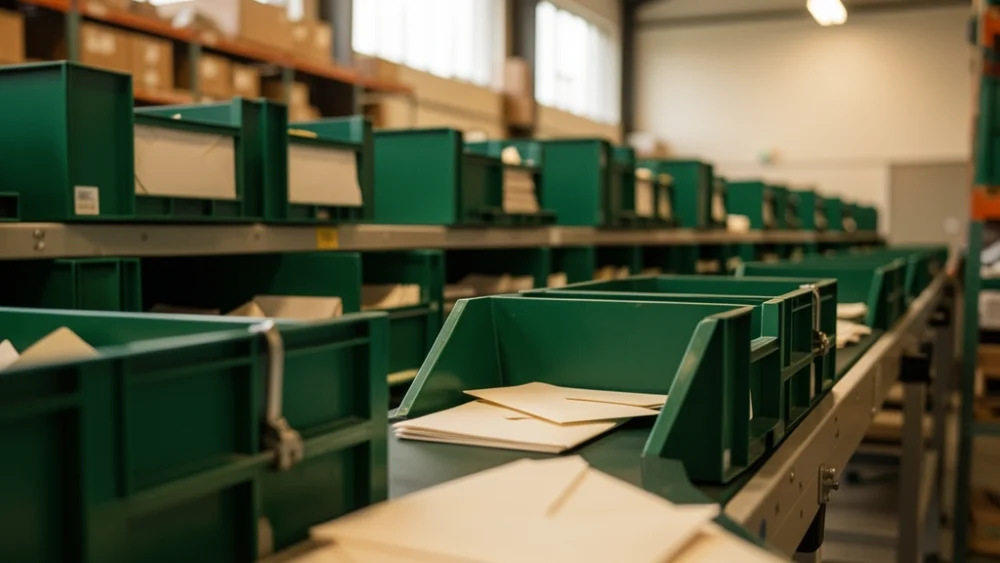 Mail sorting conveyor belts in a warehouse facility with green sorting bins