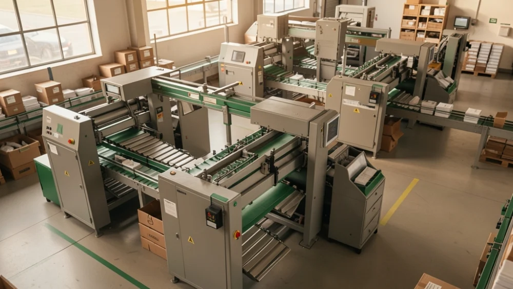 Overhead view of industrial mail sorting machinery in a warehouse facility with warm natural lighting