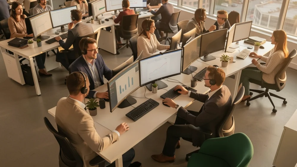 Overhead view of enterprise sales floor with professionals working at curved monitors