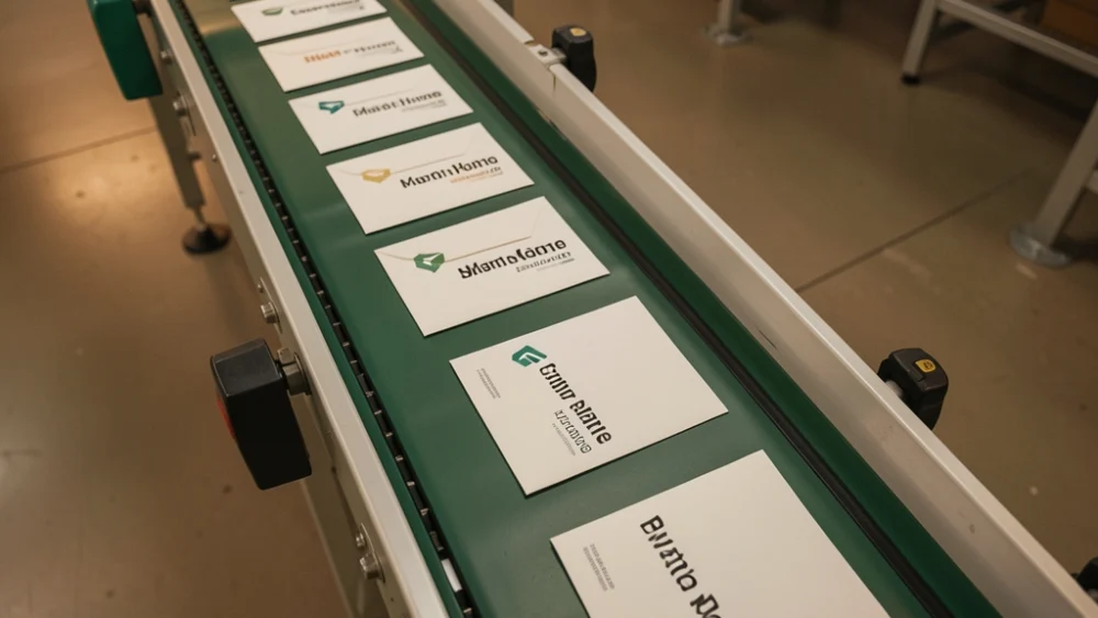 Overhead view of automated mail sorting with personalized envelope printing