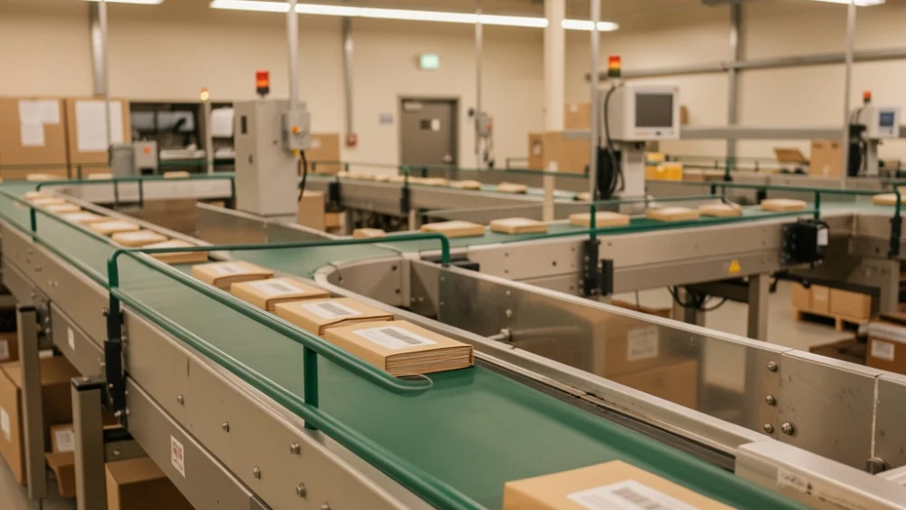 Industrial mail sorting facility with conveyor belts processing envelopes