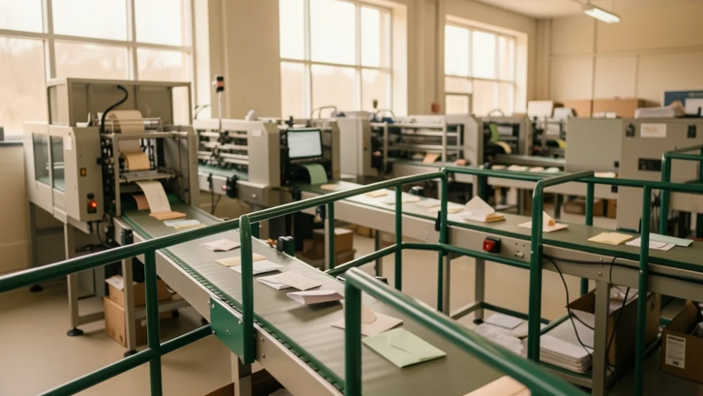 Mail sorting facility with automated envelope processing under warm natural light