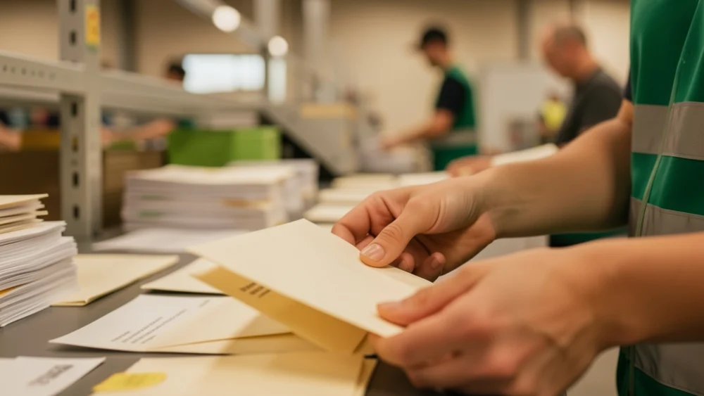 Hands sorting mail envelopes at a high-speed processing facility