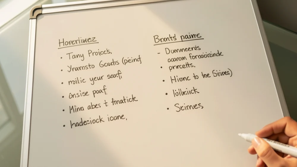 Overhead view of a whiteboard comparing two columns of business notes in a naturally lit conference room