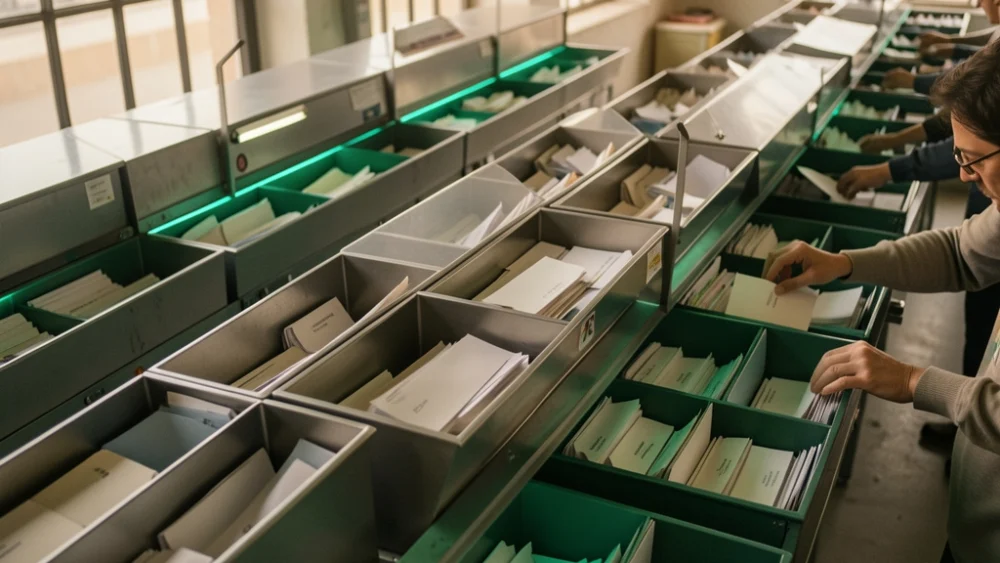 Overhead view of a mail sorting facility with emerald-green accent lighting