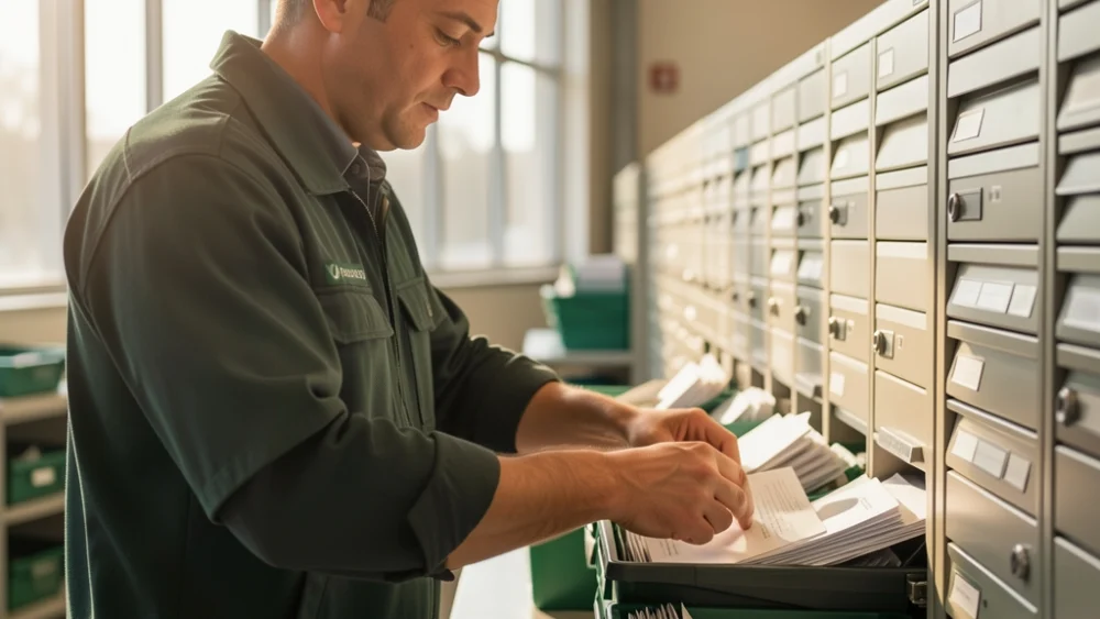 Postal worker sorting mail in a modern mailroom with warm lighting