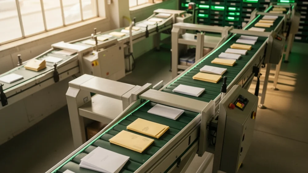 Overhead view of automated mail sorting on a conveyor belt in warm industrial light