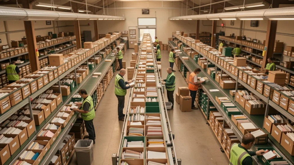 Overhead view of a mail sorting facility with conveyor belts and organized letter trays