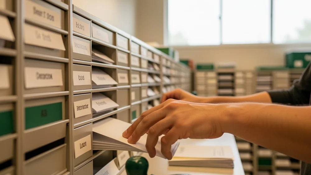 Hands sorting mail at a high-volume mailroom station with warm overhead lighting