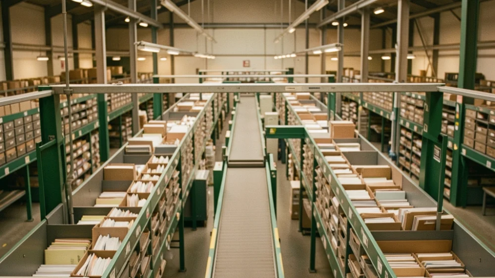 Overhead view of an industrial mail sorting facility with conveyor belts and organized letter trays