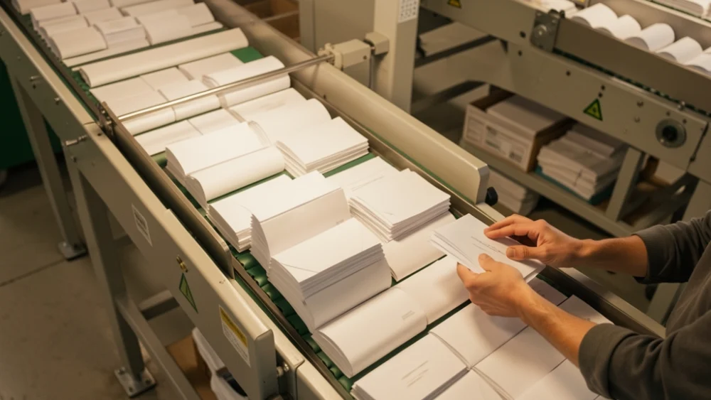 Overhead view of a mail sorting facility with conveyor belts and envelopes under warm industrial lighting