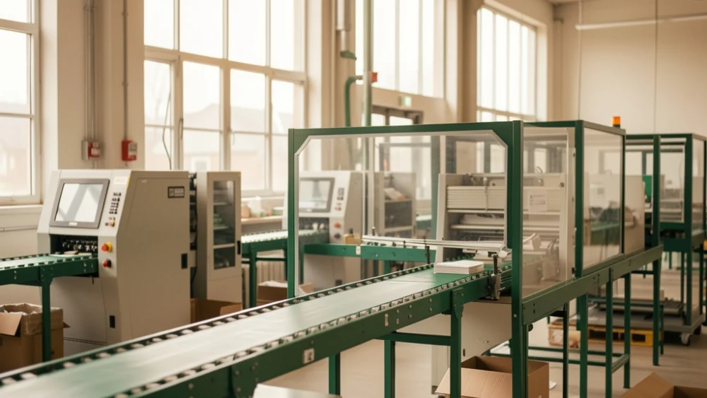 Industrial mail sorting facility with conveyor belts and warm natural lighting