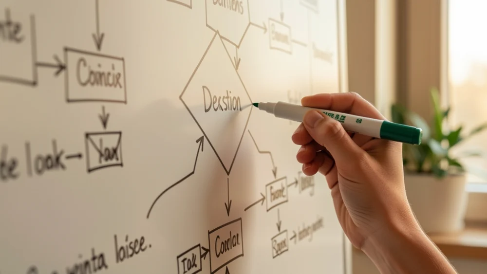 Whiteboard showing complex multi-step email sequence flows in a sunlit office