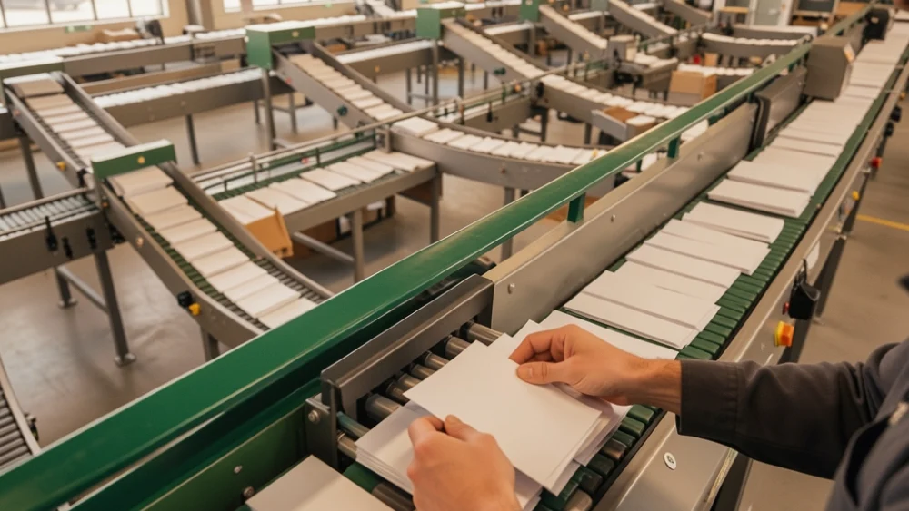 Overhead view of automated mail sorting facility with conveyor belts and worker adjusting machinery