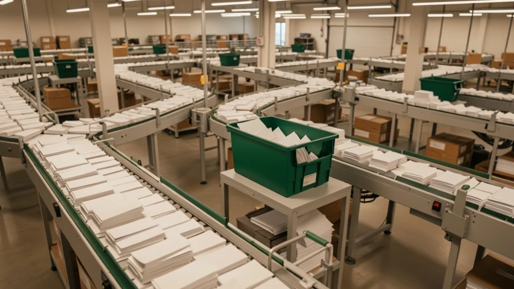 Overhead view of automated mail sorting facility with conveyor belts and white envelopes