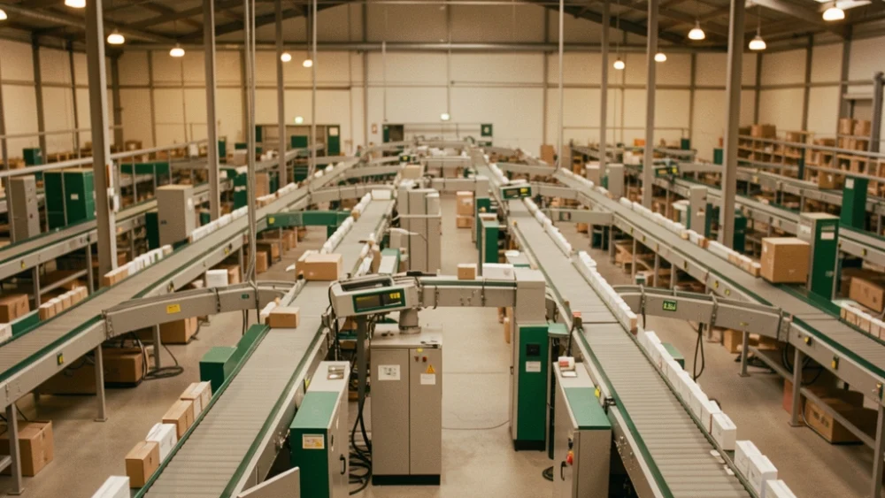 Overhead view of automated mail sorting facility with conveyor belts and scanning equipment