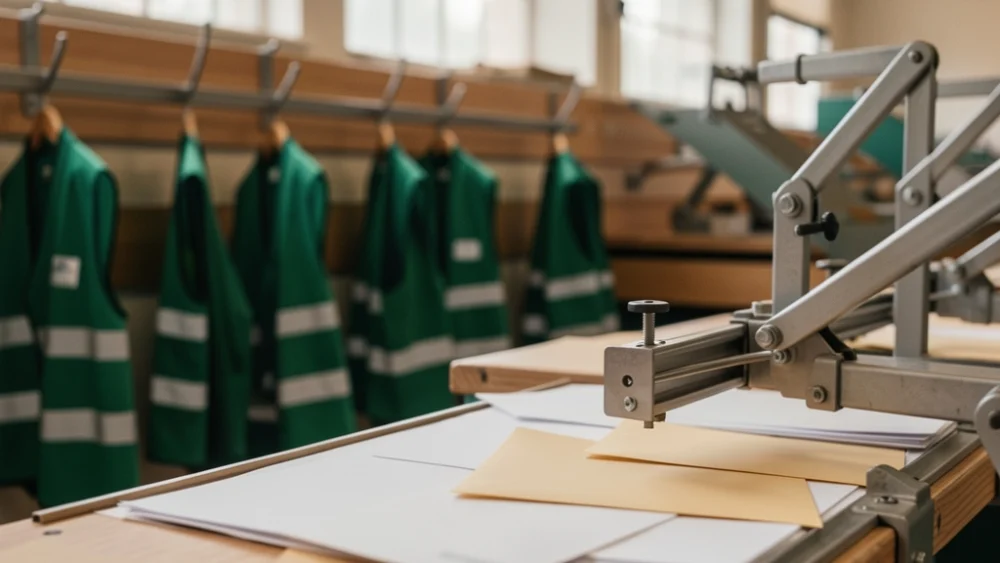 Hand sorting mail envelopes on wooden table with warm natural light