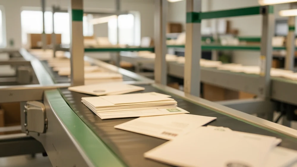Mail sorting conveyor belt in industrial facility with warm lighting