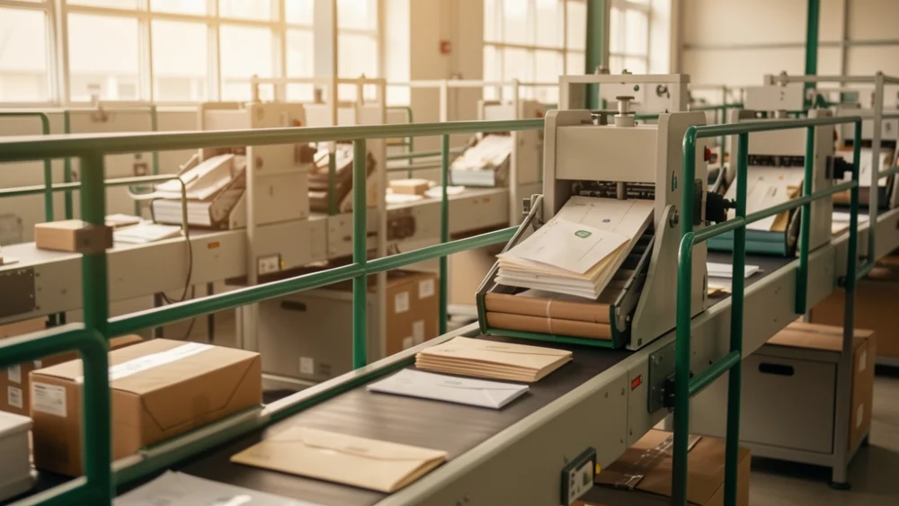 Over-the-shoulder view of an automated mail sorting facility with conveyor belts and warm lighting