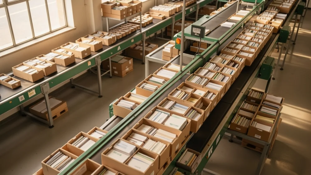 Overhead view of a mail sorting facility with conveyor belts and organized letter trays