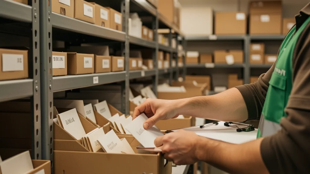 Hands sorting mail in an industrial mailroom with warm lighting
