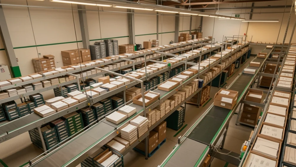 High-volume mail sorting facility representing automated email sending at scale