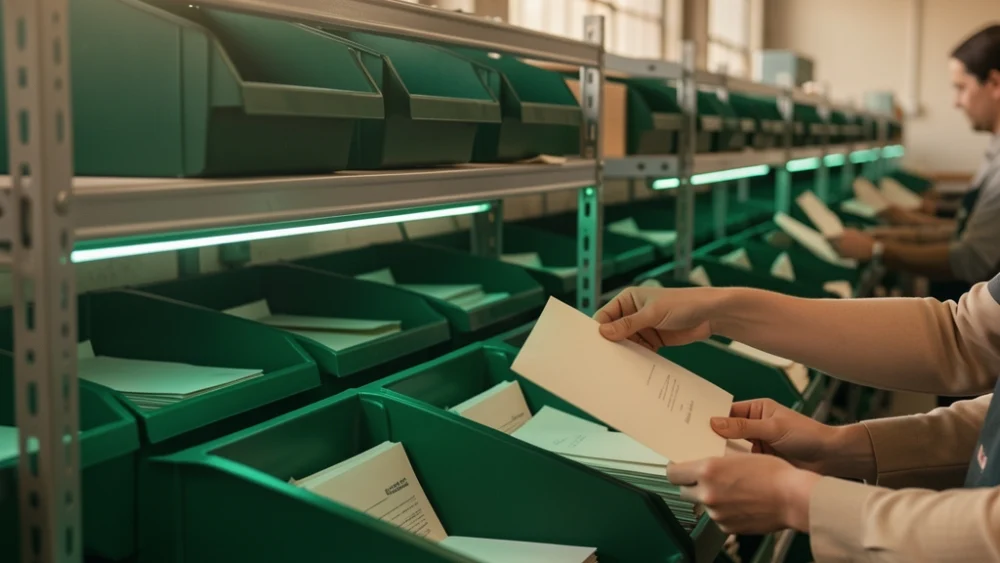 Mail sorting facility with emerald green bins representing high volume email processing