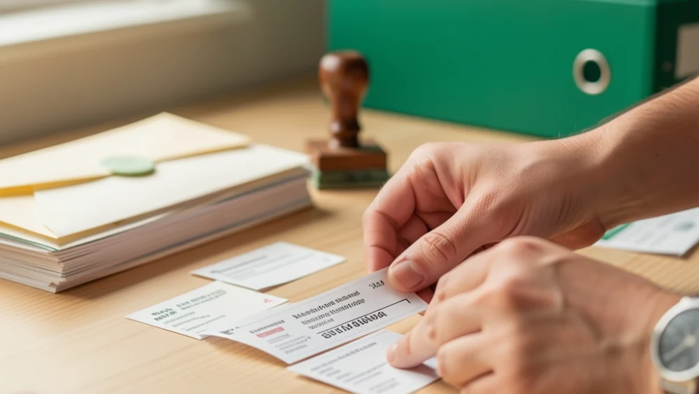 Hands sorting mailing labels at a wooden table with envelopes and an emerald file folder