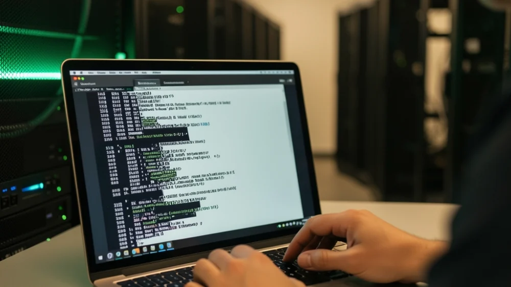 Technician configuring SPF and DKIM DNS records in a server room