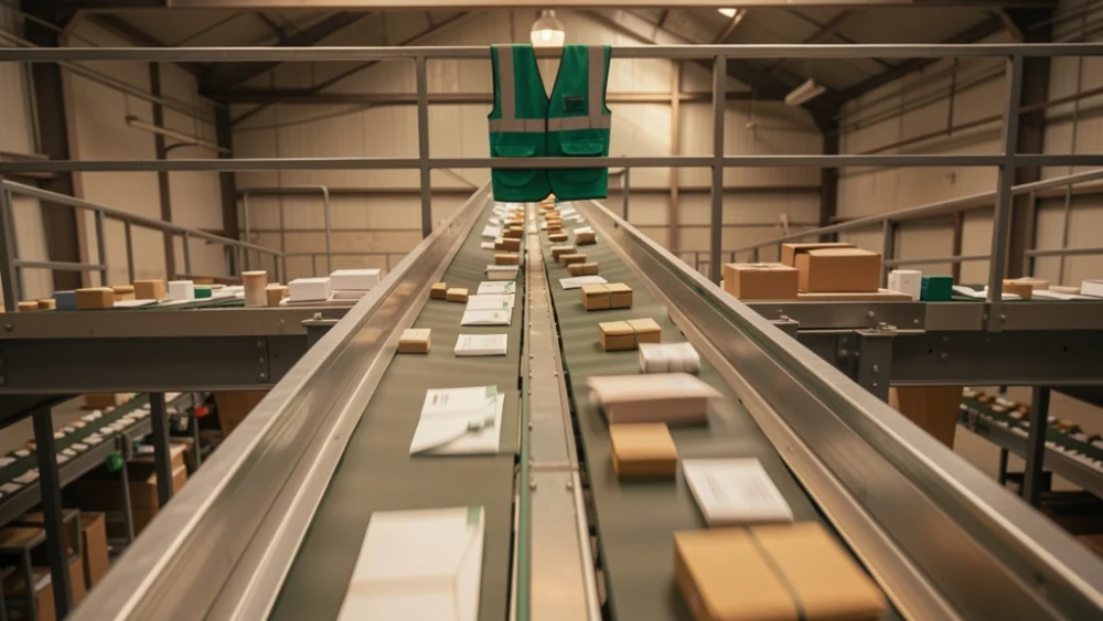 Mail sorting facility conveyor belt with warm overhead lighting