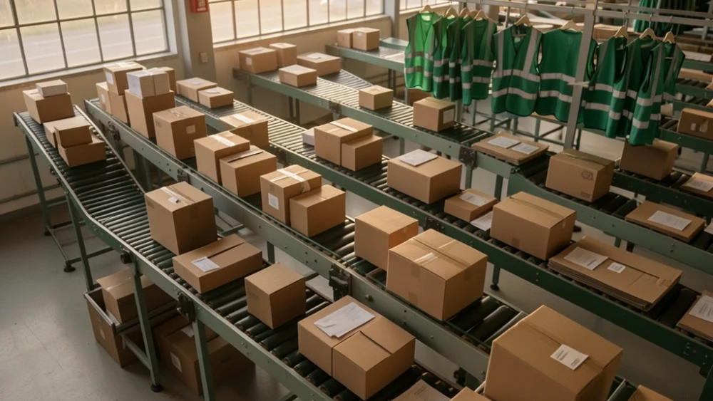 High-volume mail sorting facility with warm morning light and emerald-green accents