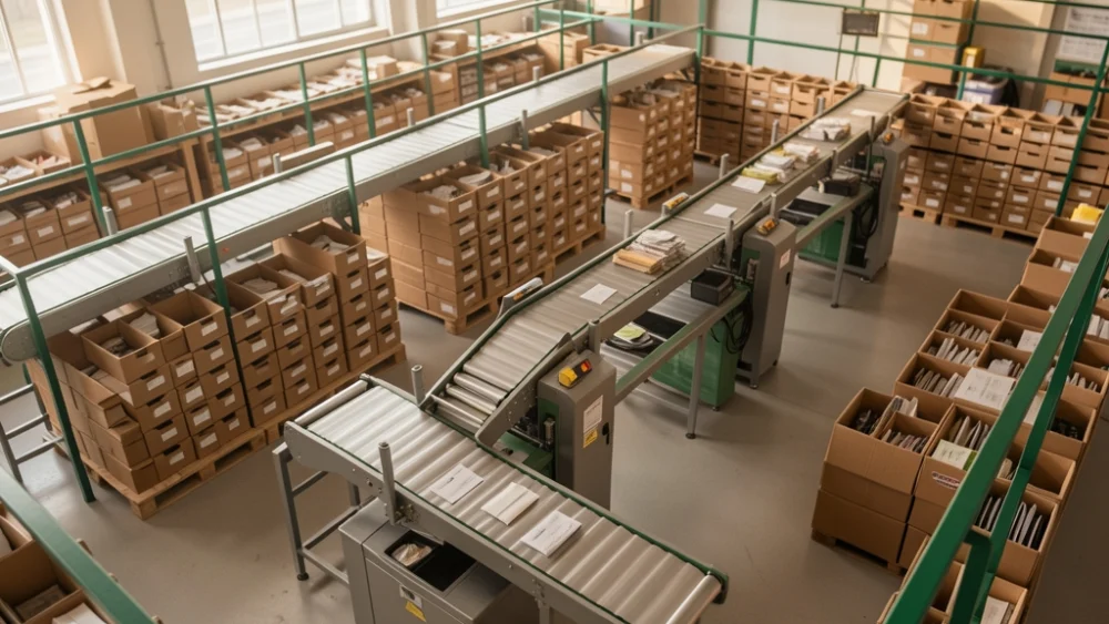 Overhead view of an automated mail sorting facility with conveyor belts