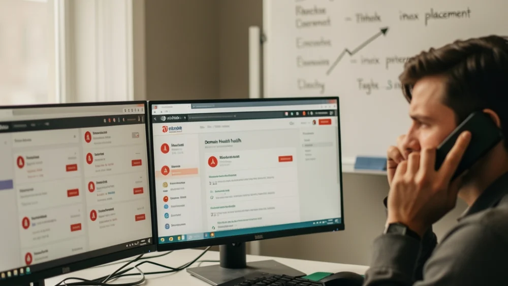 A stressed agency operator in an office, facing multiple monitors showing email deliverability warnings and blocklist alerts.