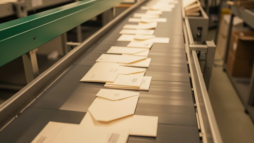 Overhead view of mail sorting conveyor with warm industrial lighting