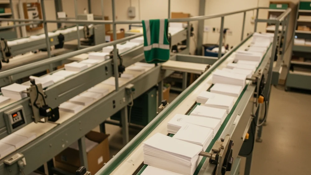 Overhead view of automated mail sorting conveyor in warm natural light